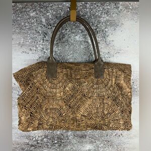 546 Flora Bella Woven Straw Tote Bag with Brown Handles tan lining